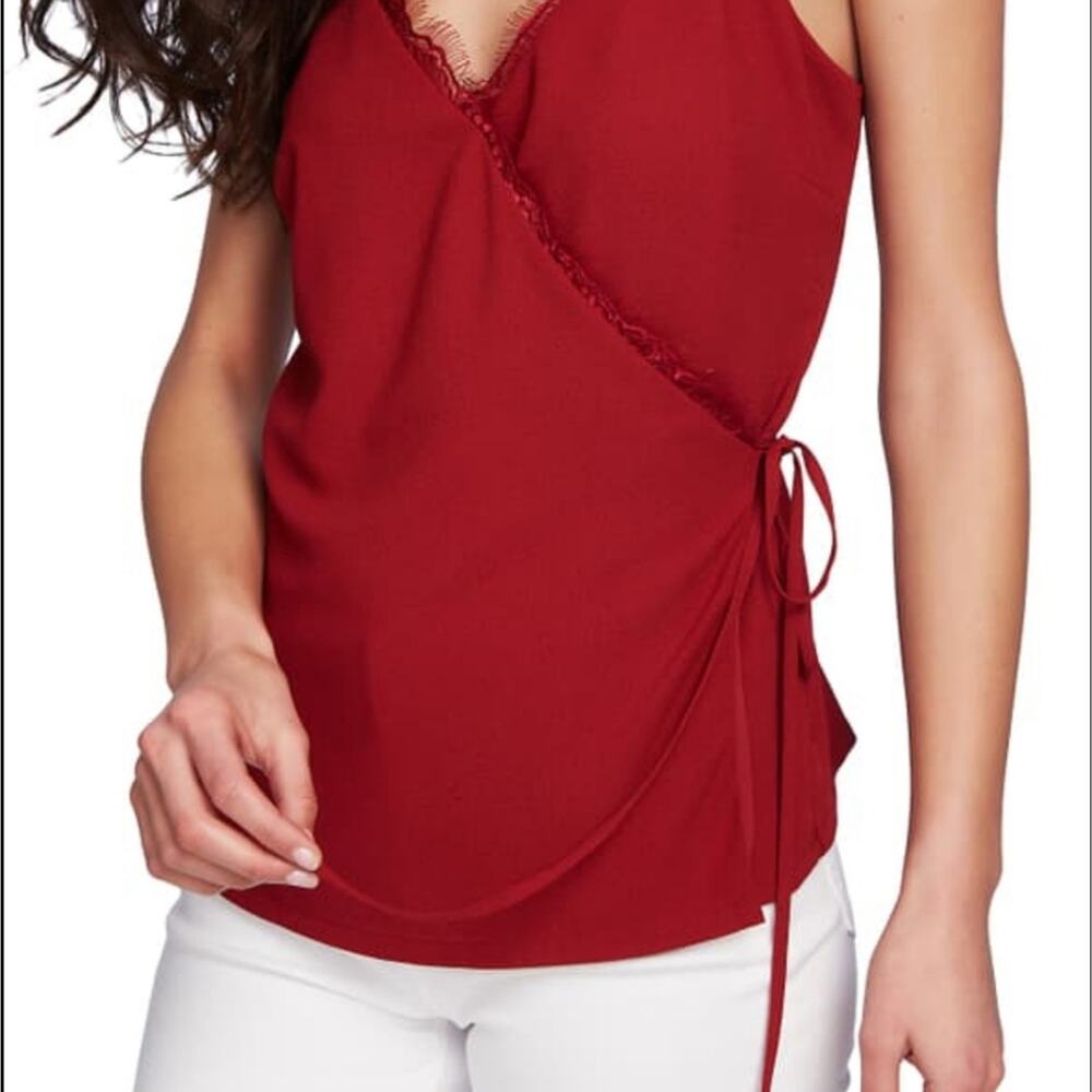 NWT wrap spaghetti strap top eyelash lace trim red size large